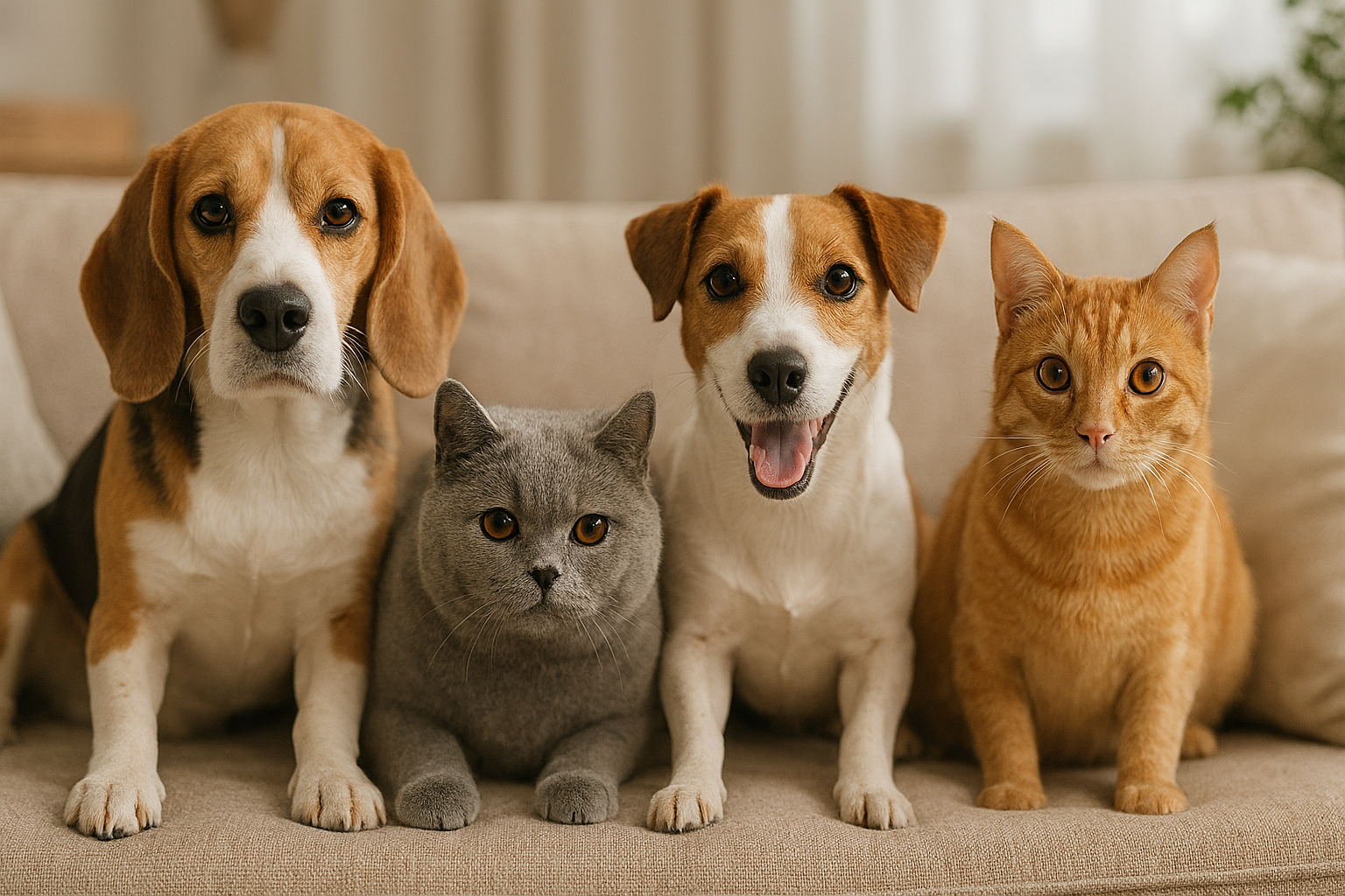 Two dogs and two cats sitting together on a couch.