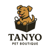 Logo of Tanyo Pet Boutique with a cartoon dog in a basket on a white background